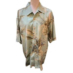 Jamaica Jaxx Mens L Silk Hawaiian Shirt Green Tropical Aloha Camp